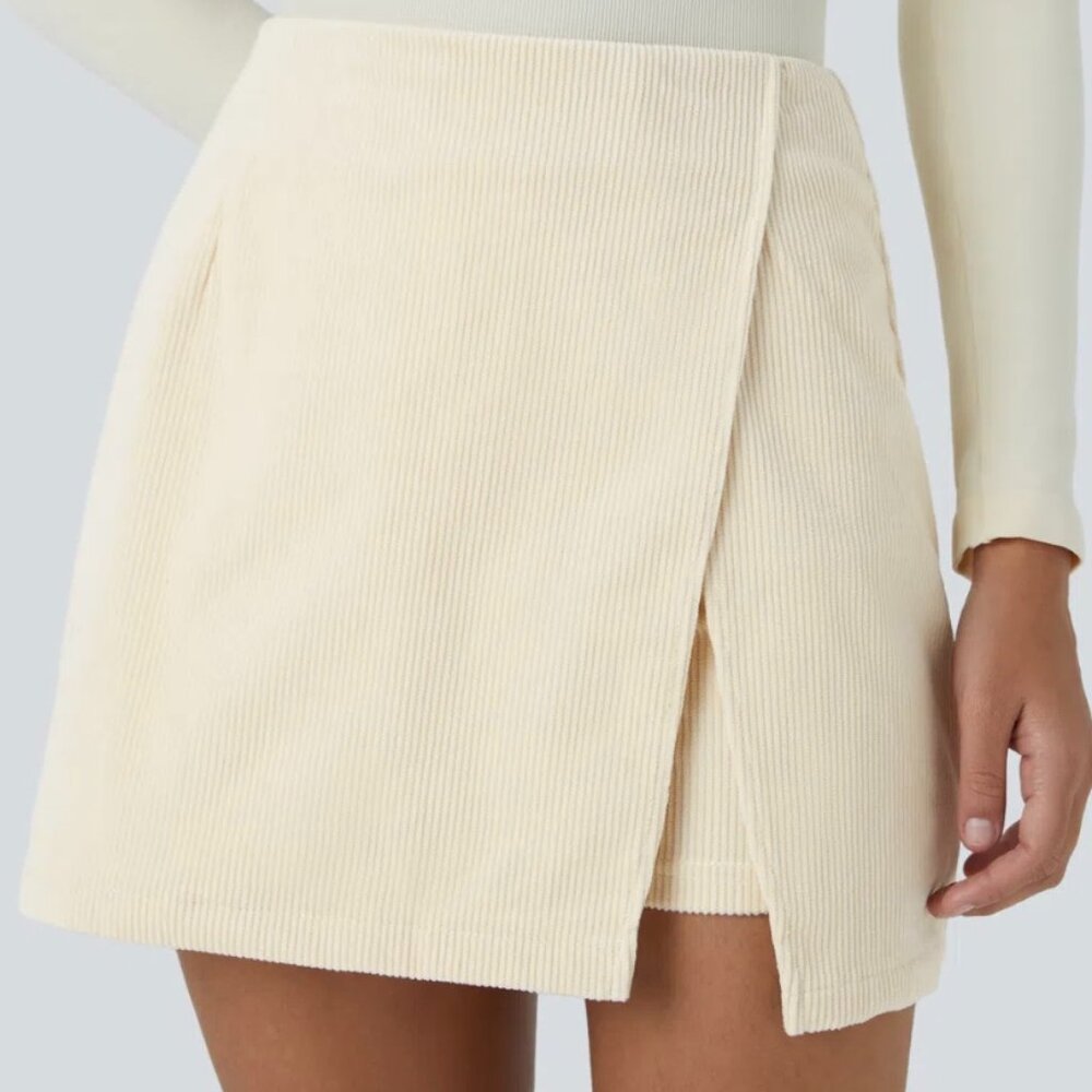 New! High Waisted Back Zipper Hem 2-in-1 Corduroy Casual Skirt Sz M